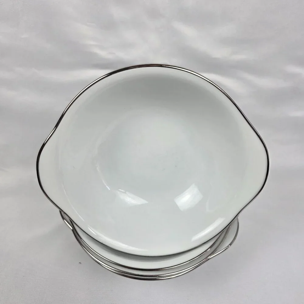 FOUR Noritake Fremont #6127 Lugged Cereal Bowl White with Platinum Trim